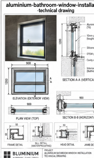 Technical drawing of aluminium bathroom window in Kloof